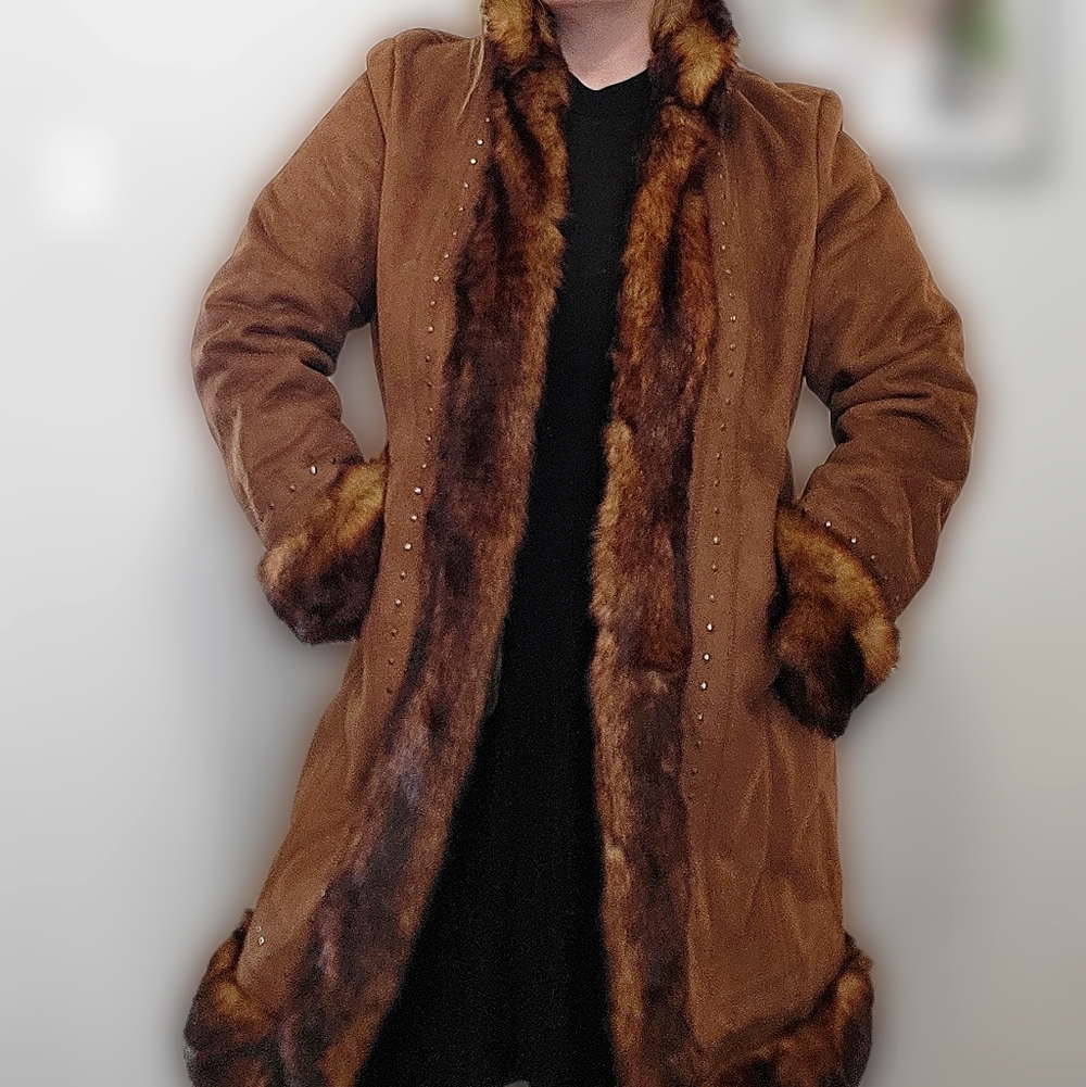 Women's Brown Faux Fur Trim Coat